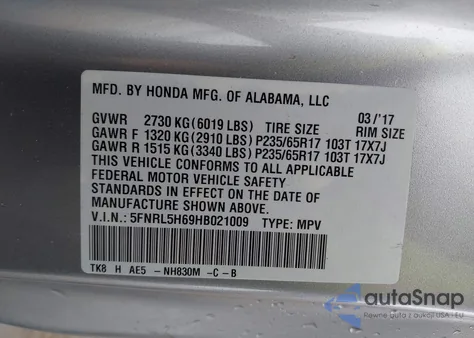 2017 Honda Odyssey Ex-L from USA, damaged, VIN 5FNRL5H69HB021009